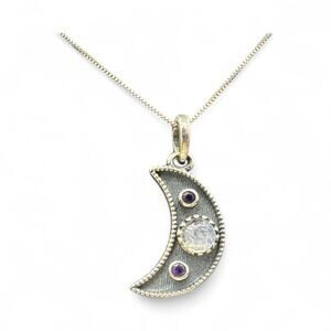 Amethyst Moonstone Crescent Moon Pendant Necklace 925 Sterling Silver Handmade